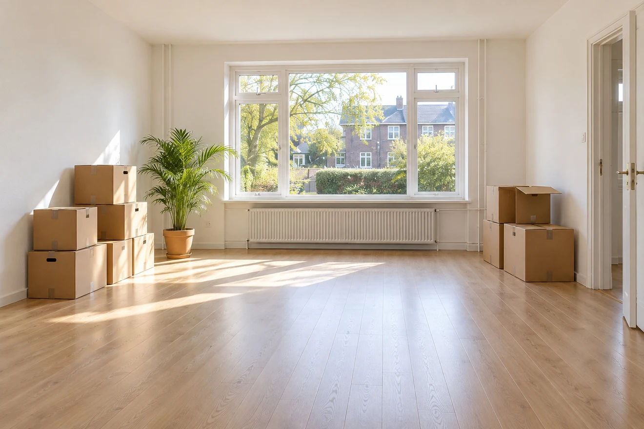 Een zonnige woonkamer met verhuisdozen, bijna leeg.